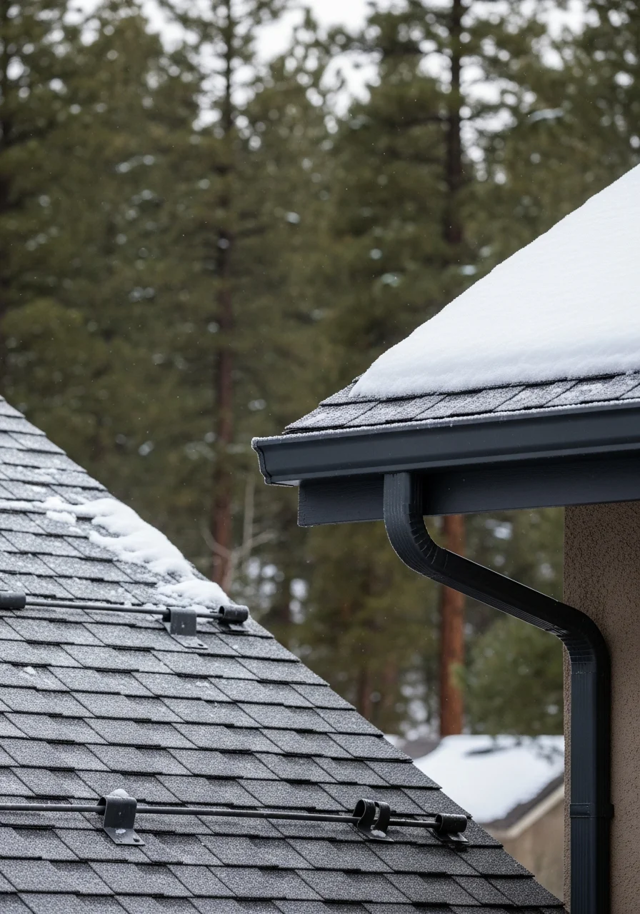 Flagstaff property detail showing winter-ready gutters and roof edge against evergreen forest.
