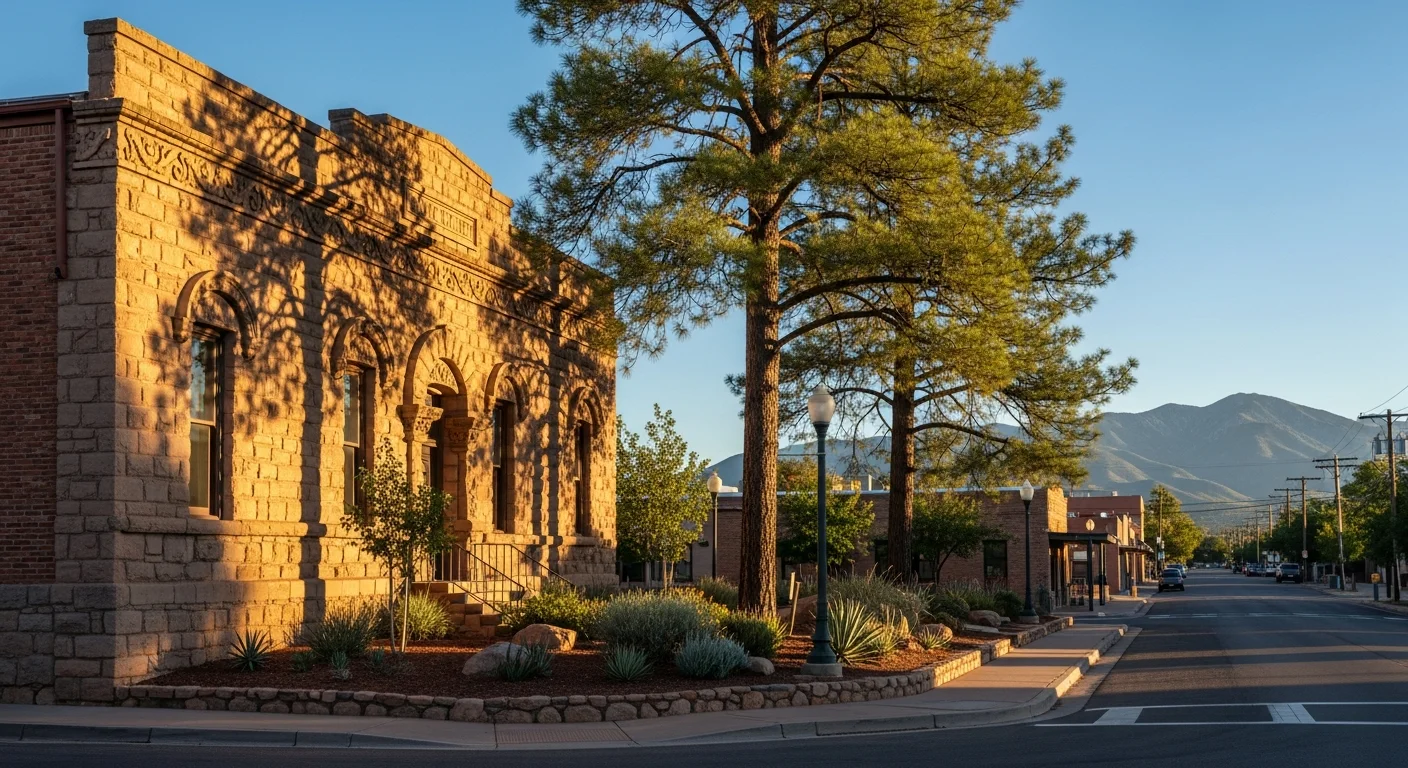 Historic Prescott downtown building with mountain views and mature trees framing the structure.