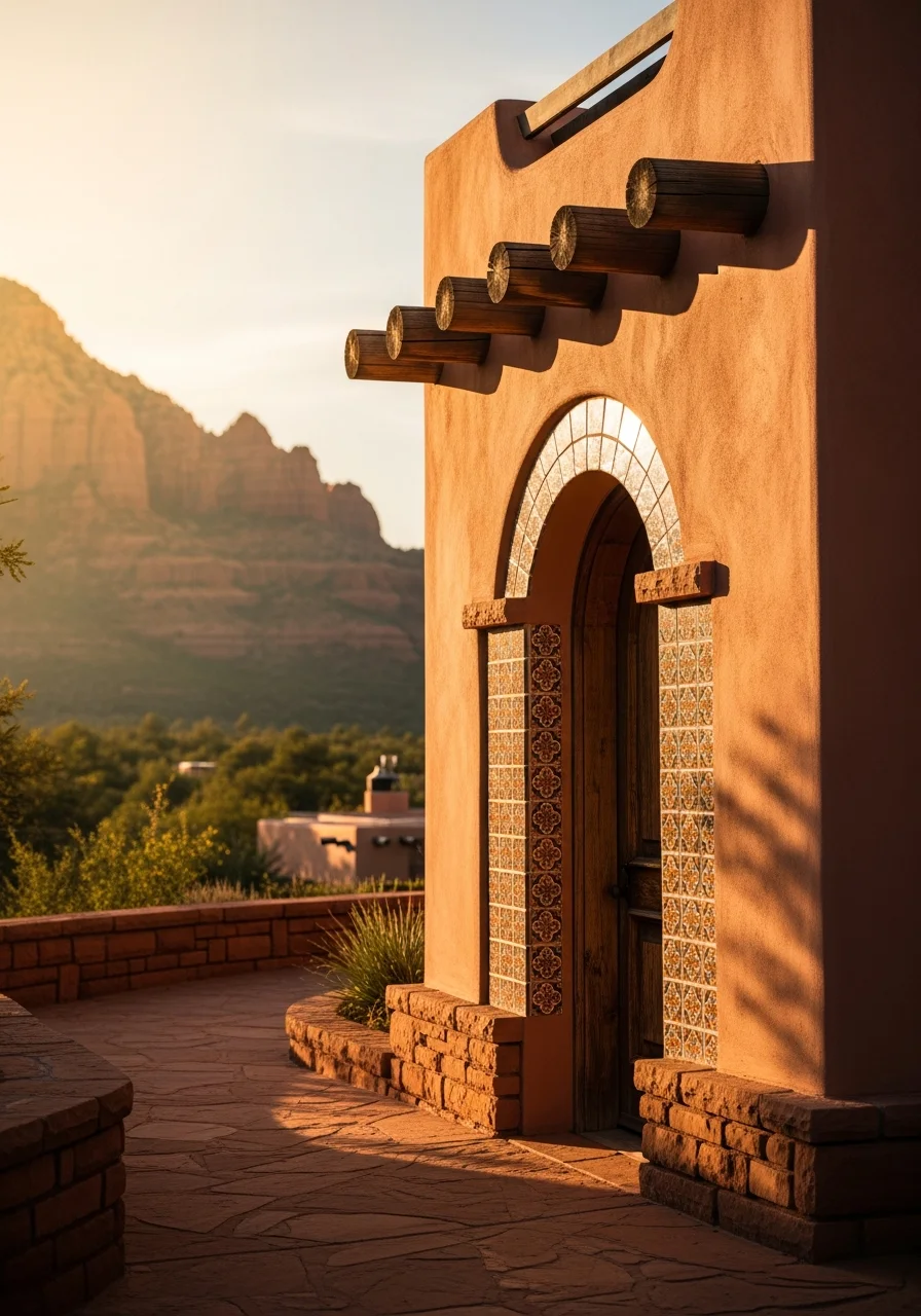 Sedona property detail showing architectural elements framed by iconic red rock canyon walls.