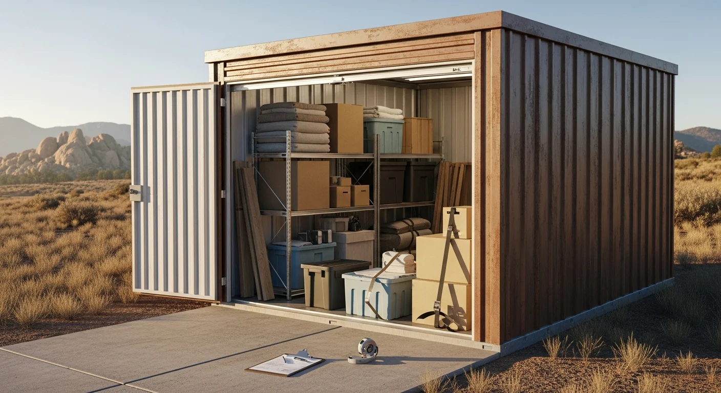 A portable mini storage unit placed on a residential property in Cottonwood, AZ, with the high desert landscape visible in the background. The unit door is open, showing neatly organized household items and boxes stored inside.