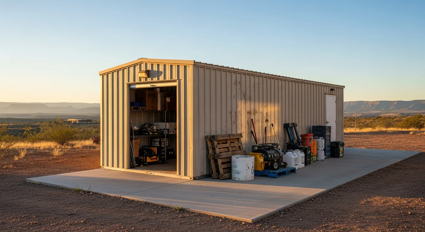 A portable storage container placed at a small business property in Cottonwood, AZ, with the door open showing organized shelving and stacked inventory boxes inside. The Arizona high desert landscape is visible in the background.