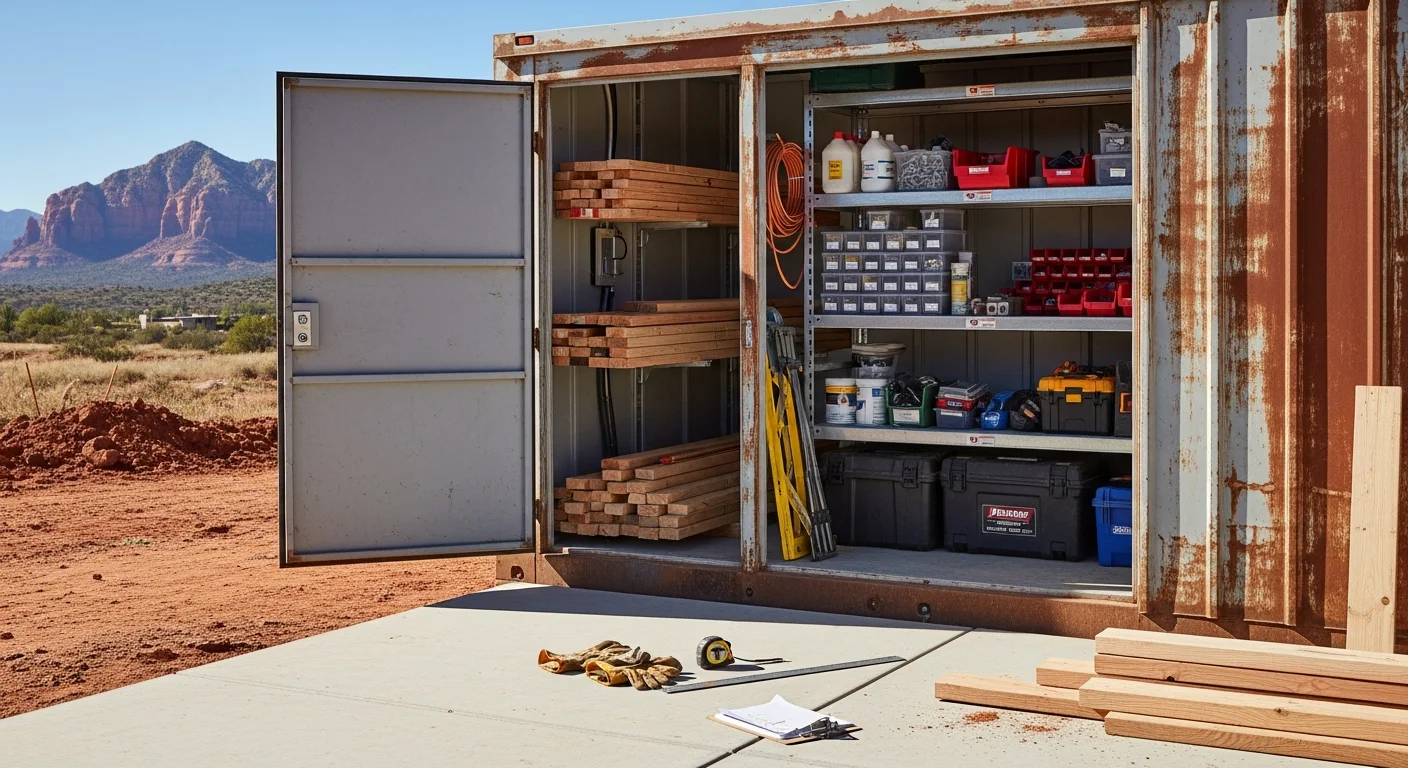 A locked portable storage unit positioned on an active residential construction site in Cottonwood, AZ, with framed walls visible in the background under a clear Arizona sky. The unit door is closed and secured, with building materials stacked neatly nearby on a dry, sun-exposed lot.