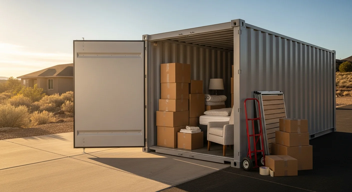 A portable storage container sitting in the driveway of a single-family home in Cottonwood, AZ, with packed moving boxes stacked neatly inside the open unit. The surrounding desert landscape and clear Arizona sky are visible in the background.