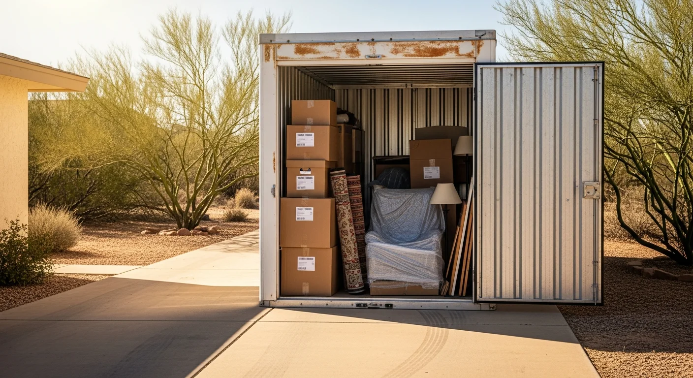 A portable storage unit parked in the driveway of a ranch-style home in Cottonwood, AZ, with household items being loaded during a clean-out. The unit sits on a residential lot with desert landscaping and Mingus Mountain visible in the background.