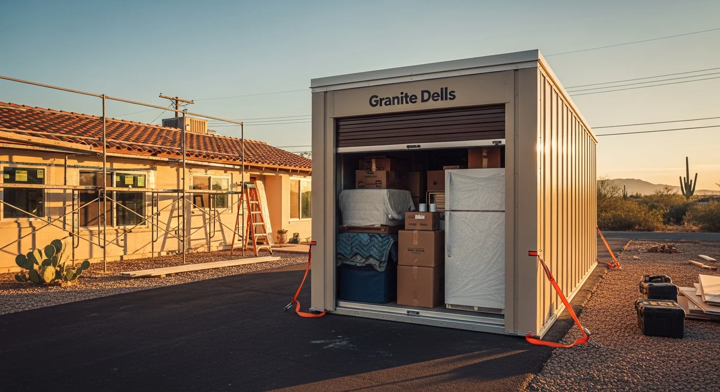 A portable mini storage unit parked in the gravel driveway of a single-story home in Cottonwood, AZ, with the front door open showing stacked furniture and boxed household items stored during a home remodel.