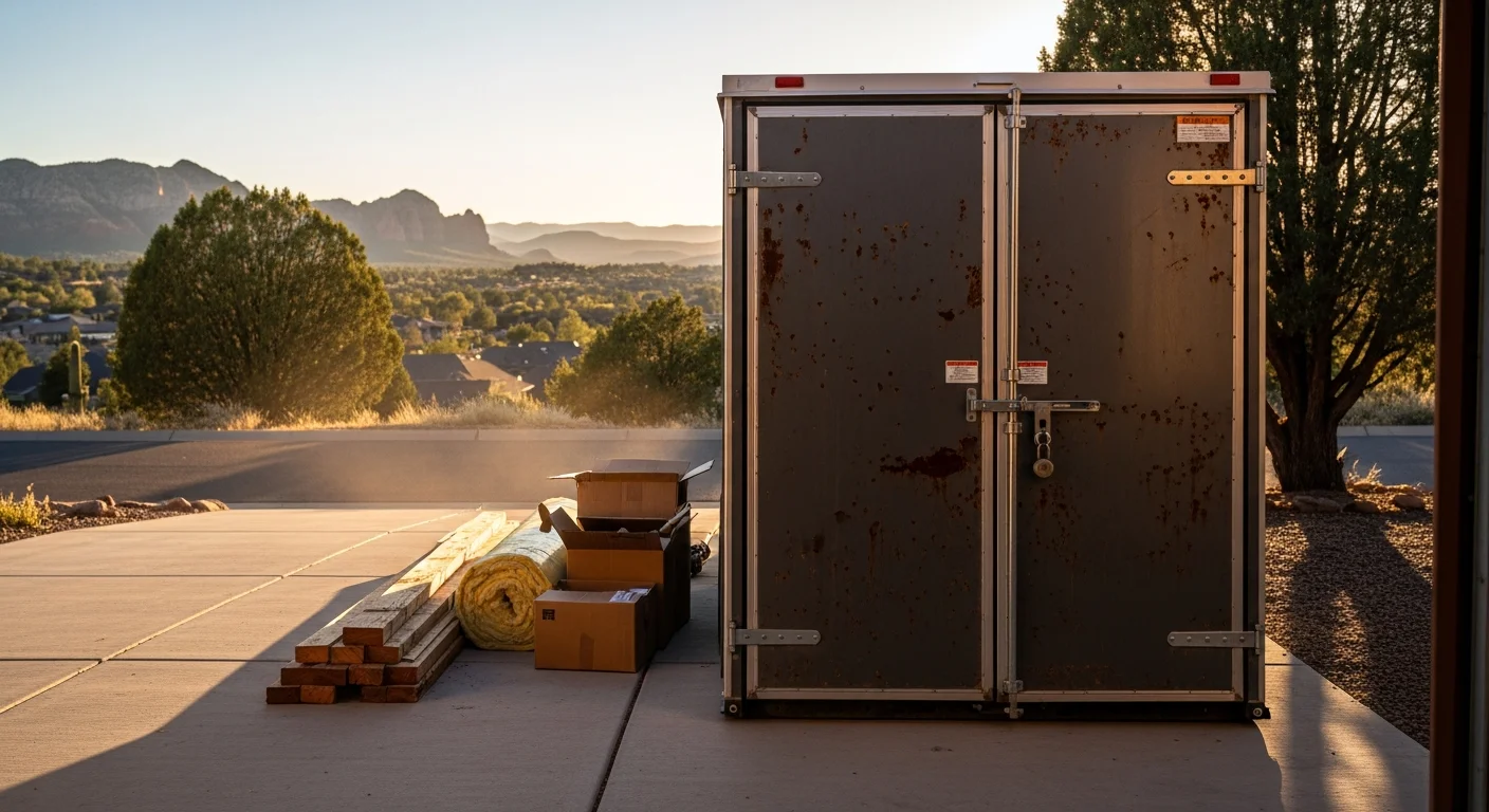 A portable mini storage unit with its roll-up door open, filled with stacked furniture and boxed household items from a home renovation in Cottonwood, AZ. The unit sits on a clean, paved facility lot with clear blue Arizona sky visible in the background.