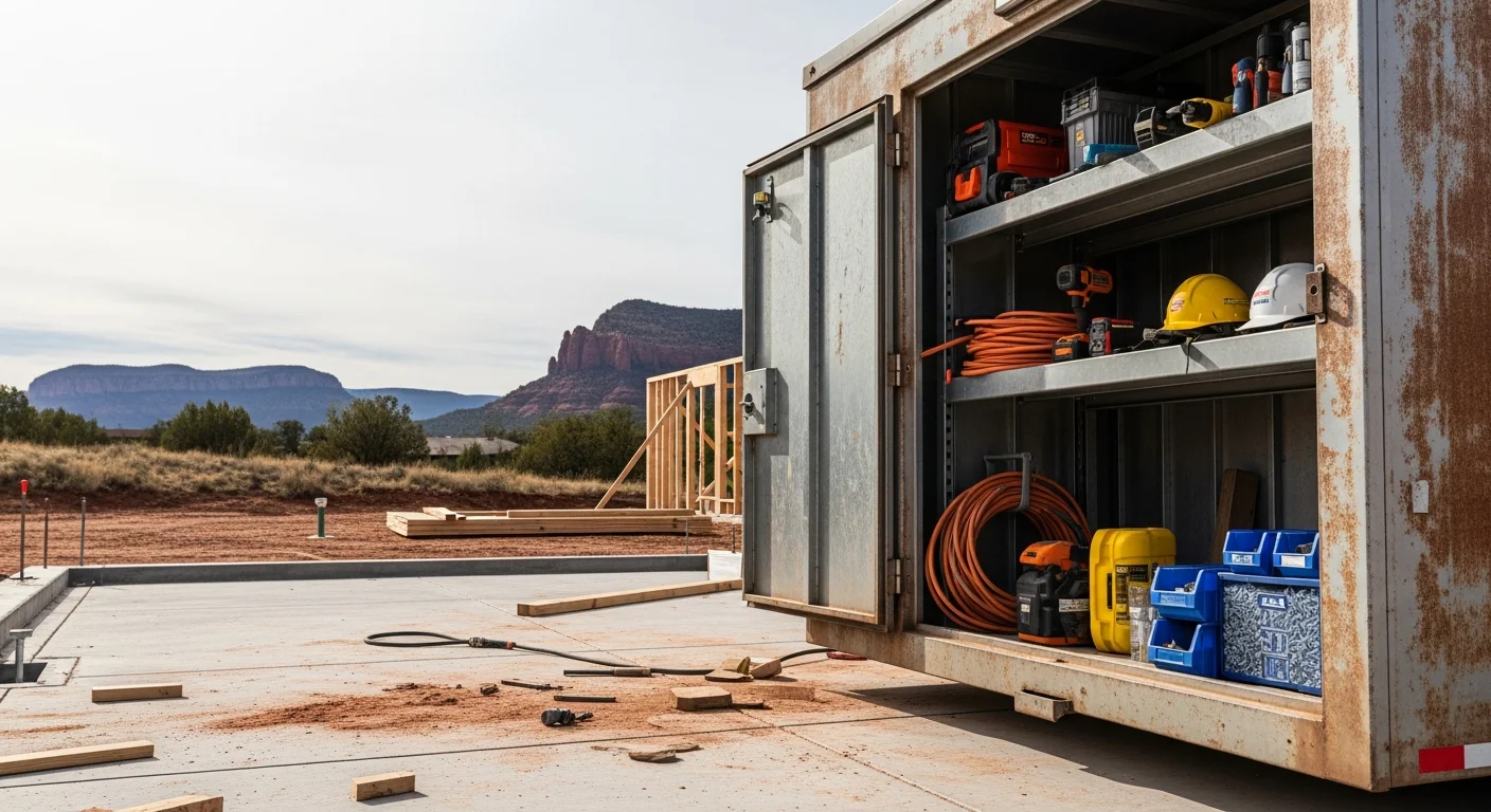 A steel portable storage unit placed on an active construction job site in Cottonwood, AZ, with the door open showing organized tools and building materials. Dry desert terrain and a partially framed structure are visible in the background.