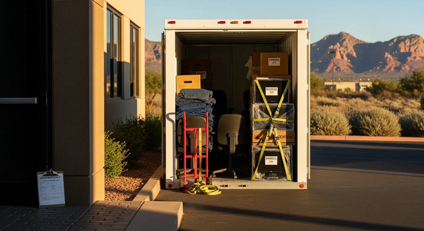 A portable storage unit parked outside a small office building in Cottonwood, AZ, with boxes and office furniture staged near the open unit door. The unit sits on a paved commercial lot under a clear Arizona sky.
