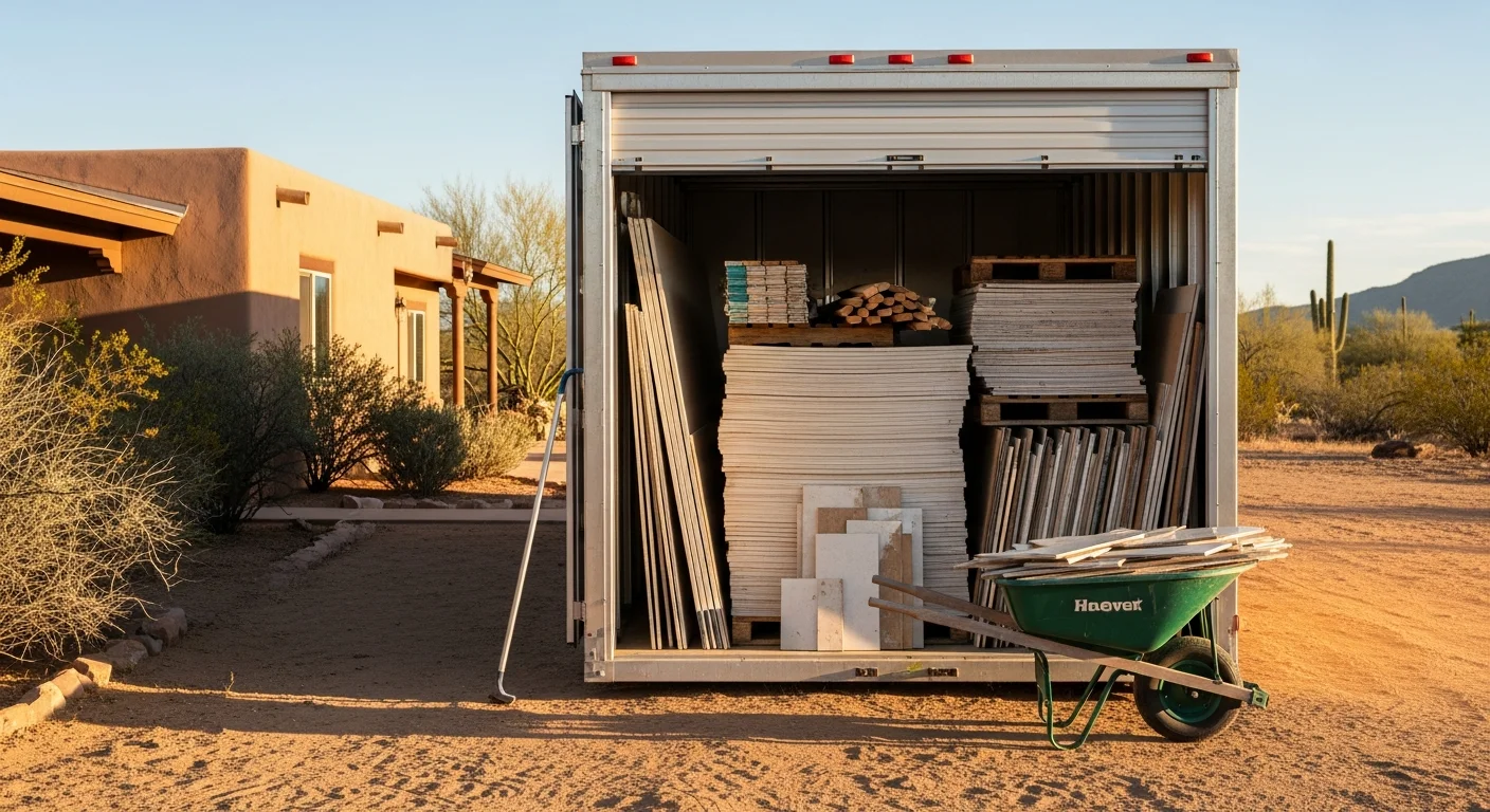 A portable storage unit placed in a residential driveway in Cottonwood, AZ, filled with renovation debris including drywall and flooring materials. The unit sits beside an older ranch-style home mid-remodel with construction materials staged nearby.