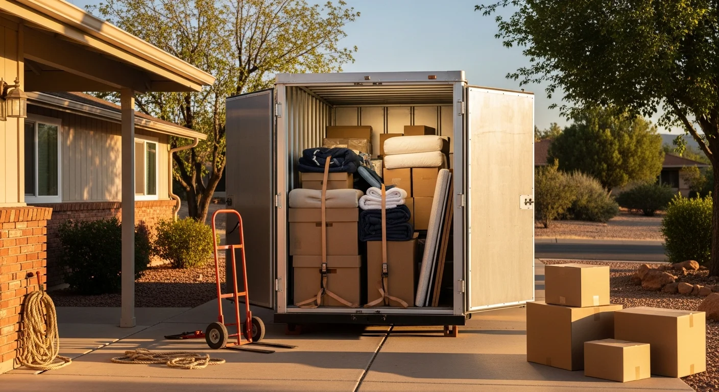 A portable storage container sitting in a residential driveway in Cottonwood, AZ, with household moving boxes stacked neatly inside the open unit. A single-family home and desert landscaping are visible in the background.