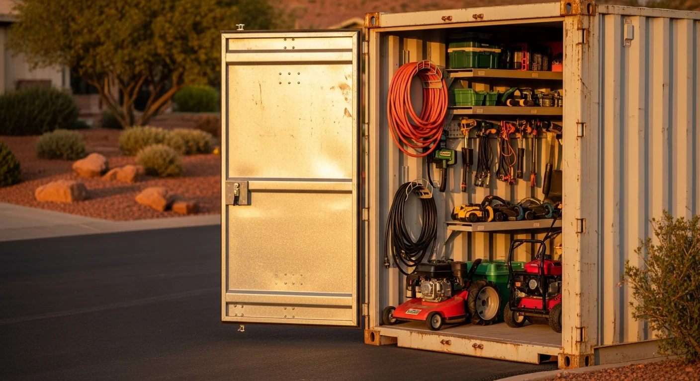 A portable steel storage container sitting on a residential driveway in Cottonwood, AZ with the roll-up door open, revealing neatly organized seasonal lawn and outdoor power equipment inside. The surrounding desert landscape and clear Arizona sky are visible in the background.