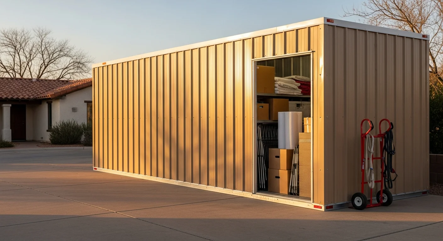 A portable storage unit placed on a residential driveway in Cottonwood, AZ, with a single-story stucco home and desert landscaping visible in the background. The unit door is open, showing neatly stacked household boxes and furniture inside.