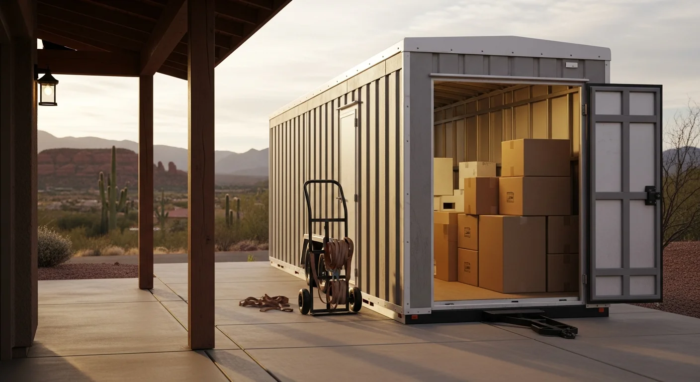 A portable mini storage unit placed in a residential driveway in Cottonwood, AZ with the high desert landscape visible in the background. The unit door is open showing neatly stacked household boxes and furniture inside.